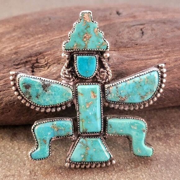 Vintage Zuni Turquoise Knifewing Brooch Pin - Picture 1 of 8